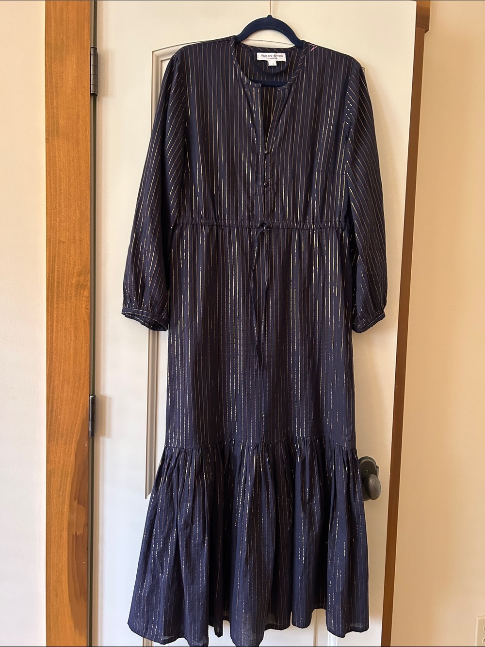 Emerson Fry India Collection Navy Maxi Dress with Metallic Pinstripes